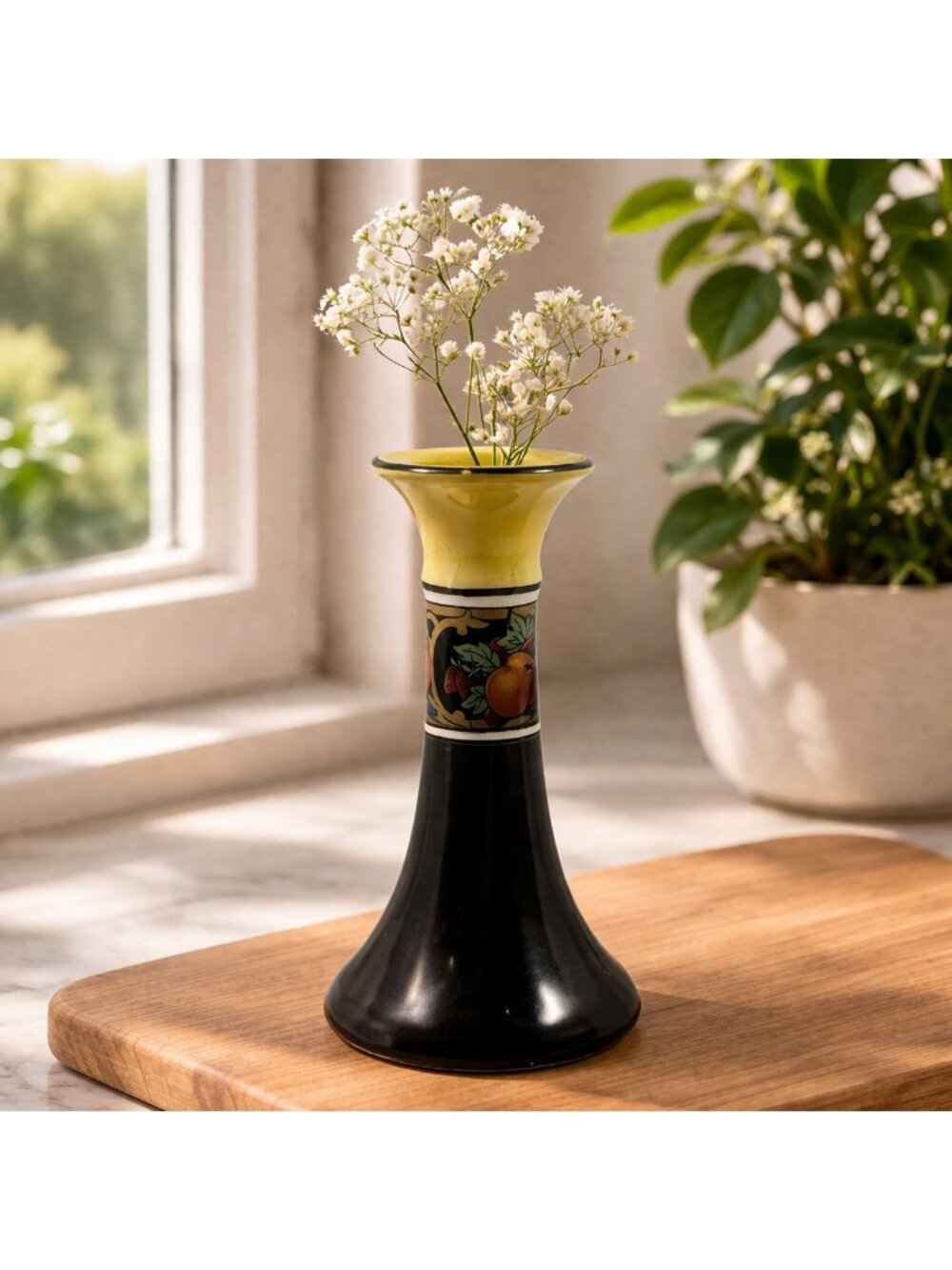 Vintage‎ Hand-Painted Ceramic Vase With Fruit Motif & Yellow Rim 7.5" Tall